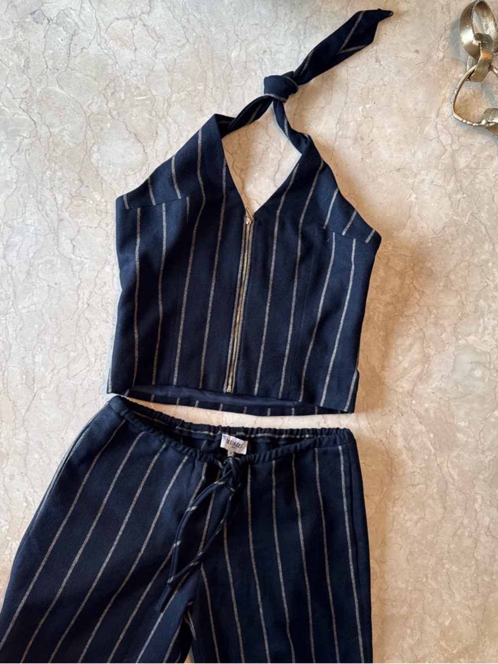 Musier Paris Striped Navy Halter Tailored Zip Top & Drawstring Pants Set